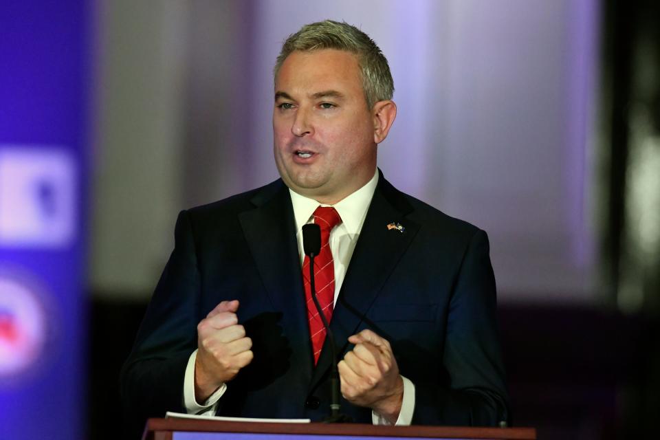 Kentucky Agricultural Commissioner Ryan Quarles makes his opening statement during the Kentucky Gubernatorial GOP Primary Debate in Louisville, Ky., Tuesday, March 7, 2023. (AP Photo/Timothy D. Easley, Pool)