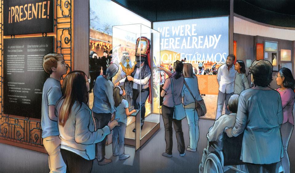 A section of the Molina Family Latino Gallery is depicted in a rendering. The gallery at the Smithsonian National Museum of American History offers a rendering of the still-to-be-built National Museum of the American Latino.