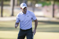 Rory McIlroy, of Northern Ireland, celebrates after making a birdie putt on the 16th green during the final round of the CJ Cup golf tournament Sunday, Oct. 23, 2022, in Ridgeland, S.C. (AP Photo/Stephen B. Morton)