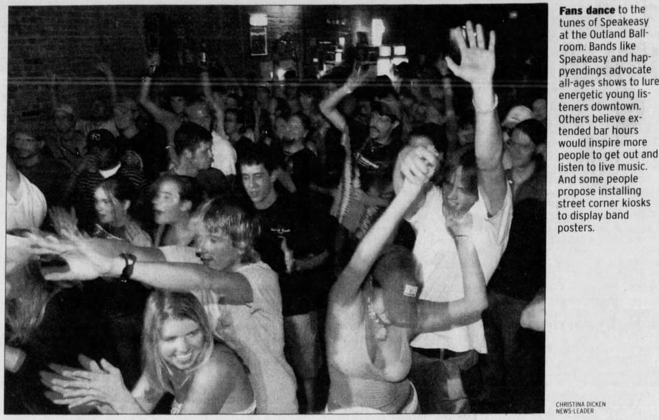 A newspaper photo clipping of folks dancing to Springfield band Speakeasy at The Outland Ballroom from the News-Leader on Aug. 24, 2003.