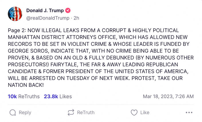 Trump posted to Truth Social that he expects to be arrested this week