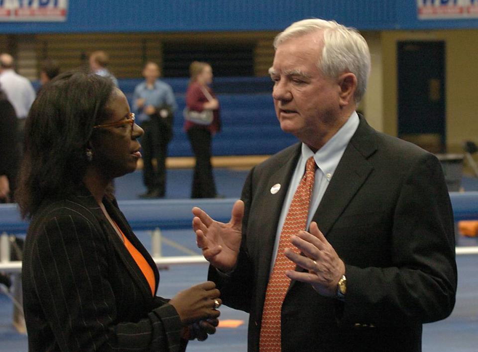 Democratic county commission candidates Wilhelmenia Rembert and Parks Helms talk at the Grady Cole Center Tuesday night in 2004.







