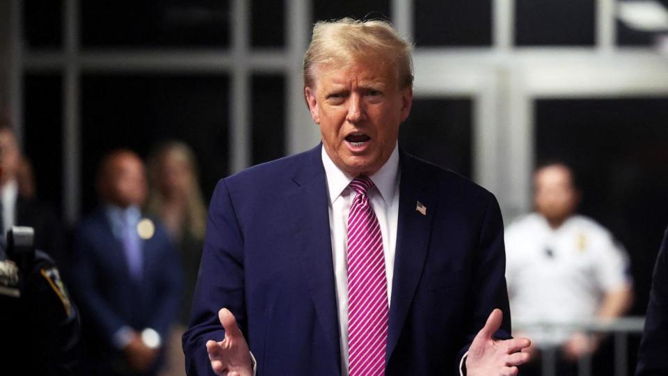 PHOTO: Former President Donald Trump speaks to the media after leaving the courtroom for the day at Manhattan Criminal Court, on April 19, 2024, in New York. (Spencer Platt, POOL via Reuters)