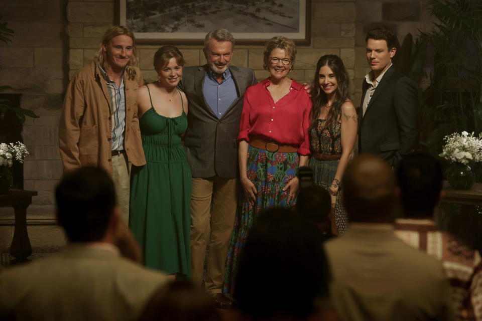 From left: Conor Merrigan-Turner, Essie Randles, Sam Neill, Annette Bening, Alison Brie and Jake Lacy in ‘Apples Never Fall’