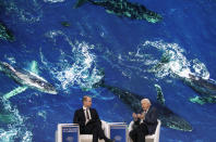 Britain's Prince William, left, listens to Sir David Attenborough, broadcaster and natural historian, during a session at the annual meeting of the World Economic Forum in Davos, Switzerland, Tuesday, Jan. 22, 2019. (AP Photo/Markus Schreiber)