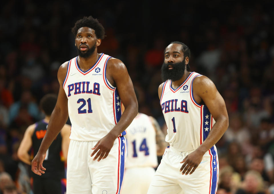 Joel Embiid and the Sixers are 12-to-1 to win the NBA title. (Mark J. Rebilas/USA TODAY Sports)