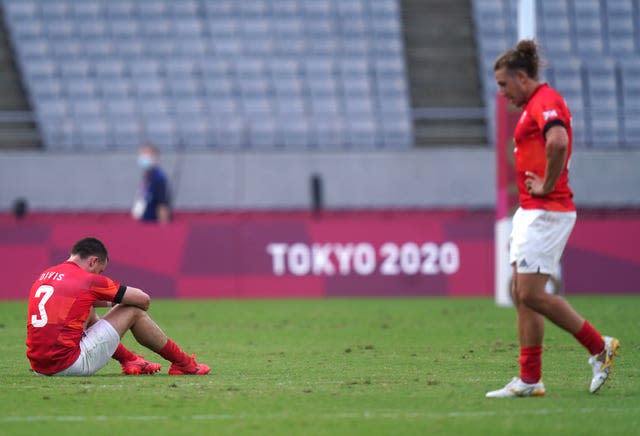 Great Britain’s Alex Davis (left) and Dan Bibby appear dejected after defeat in the Men’s Rugby Sevens bronze medal match