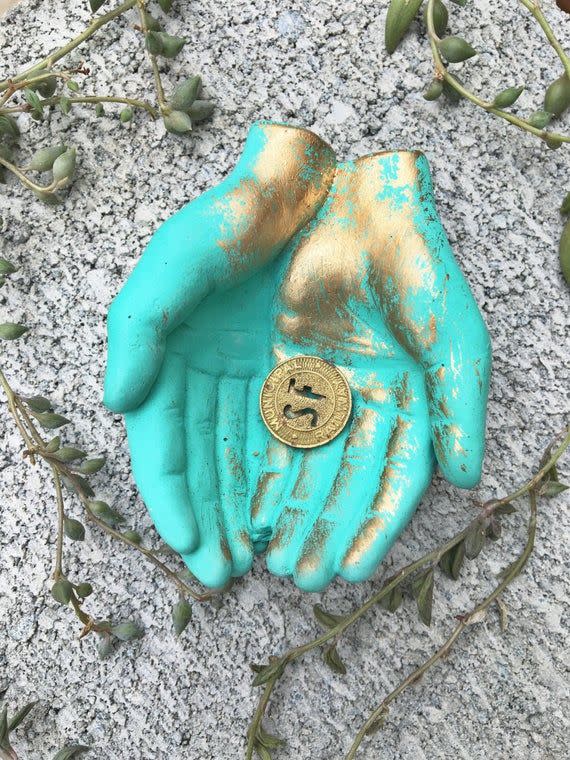 41) Gold Gilded Mint Leaf Green Concrete Hands Catchall
