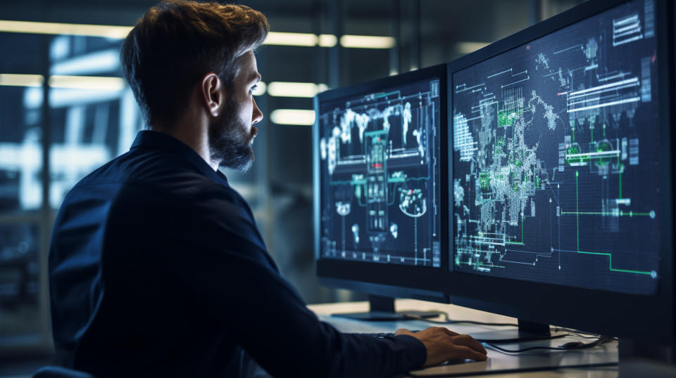 An engineer in front of a computer screen, reviewing a project-based outsourcing proposal.