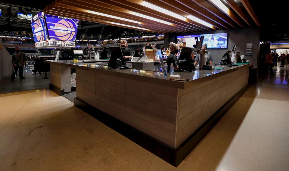 A new bar greets fans just up the steps at the Pennsylvania Street entrance to Gainbridge Fieldhouse in Indianapolis.