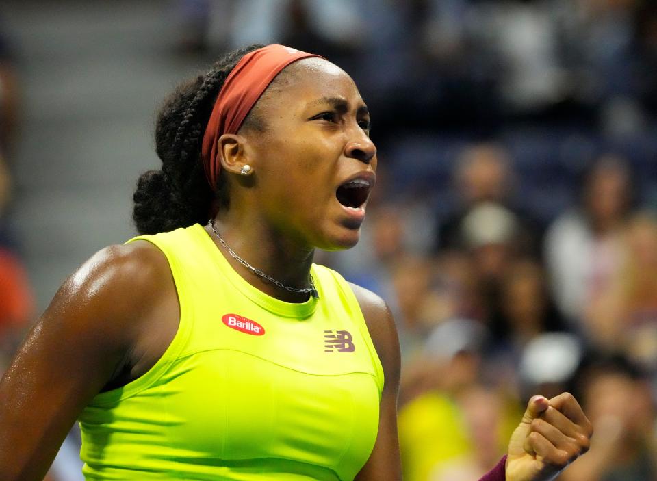 Coco Gauff reacts after a winner against Laura Siegemund.