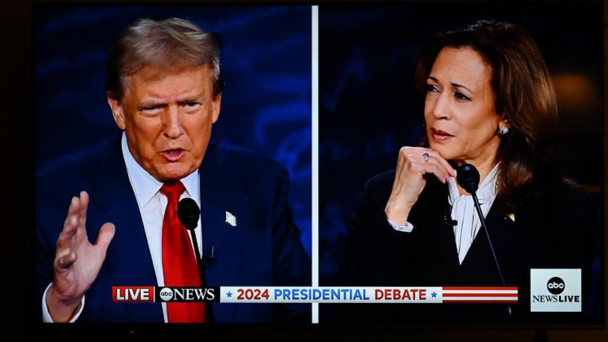 <div>FILE-Former President of the United States Donald J. Trump and Vice President Harris's first Presidential Debate is displayed on a TV screen in Foster City, California, United States on September 10, 2024. (Photo by Tayfun Coskun/Anadolu via Getty Images)</div>