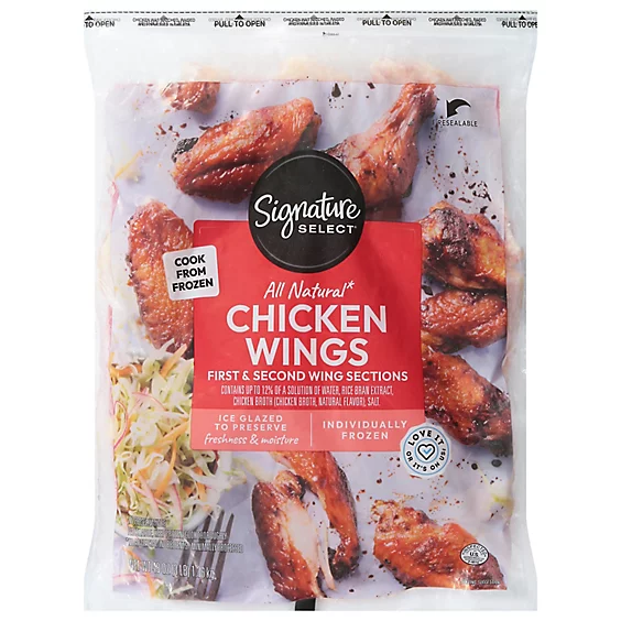 Bag of Signature Select all-natural chicken wings, indicating it contains first and second wing sections, cook from frozen, ice glazed for freshness, individually frozen