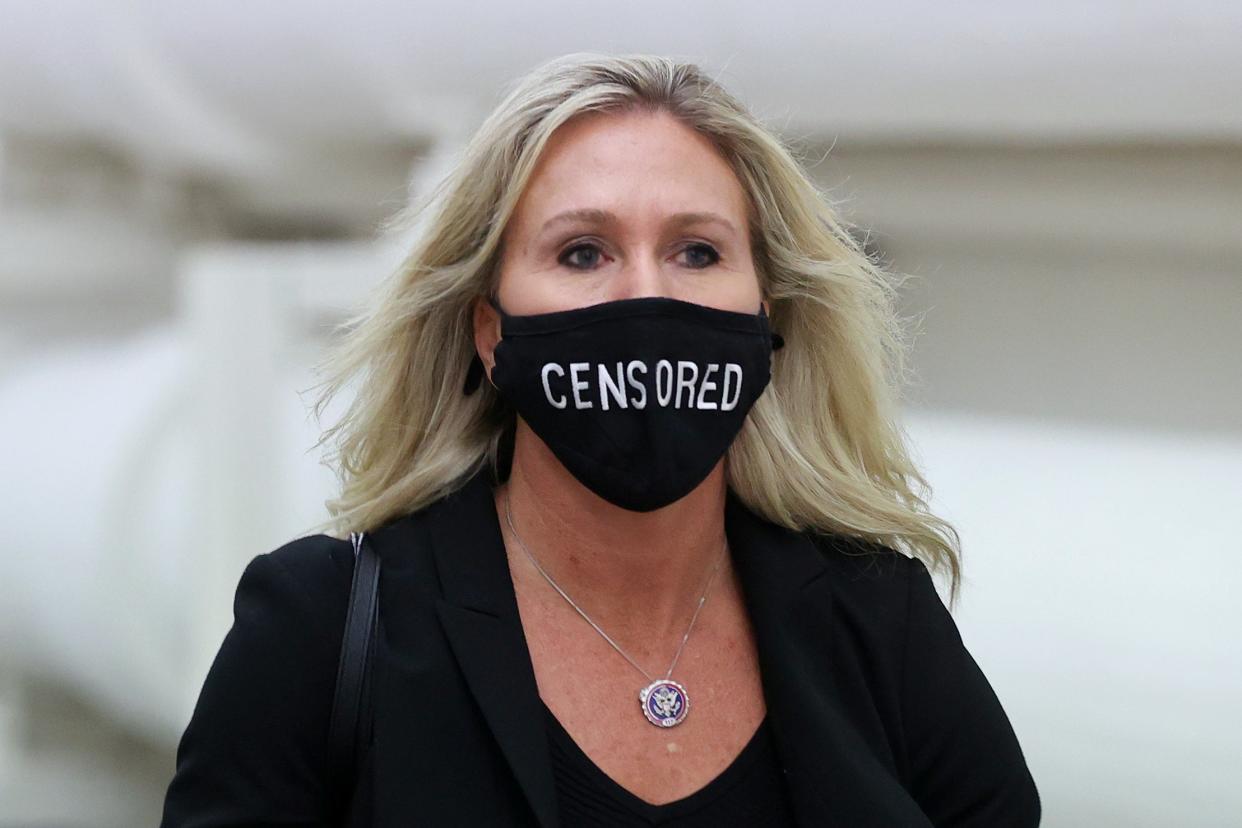 <p>U.S. Representative Greene walks to the House floor during the second Trump impeachment debate at the U.S. Capitol in Washington</p> (Reuters)