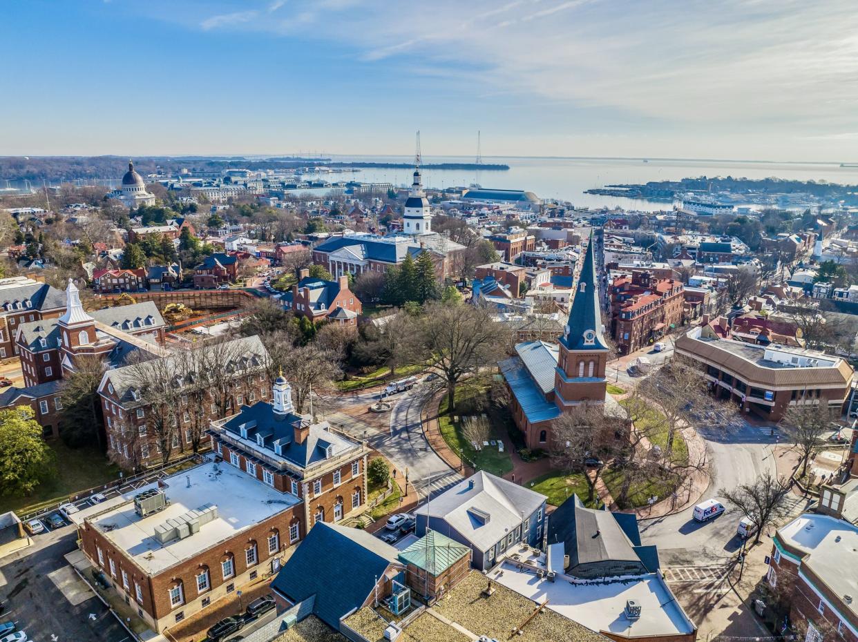 Annapolis, MD, USA - February 8, 2023: The image is of the city of Annapolis, Maryland. The image is taken from above ground level via drone with no people in the photo during the day.