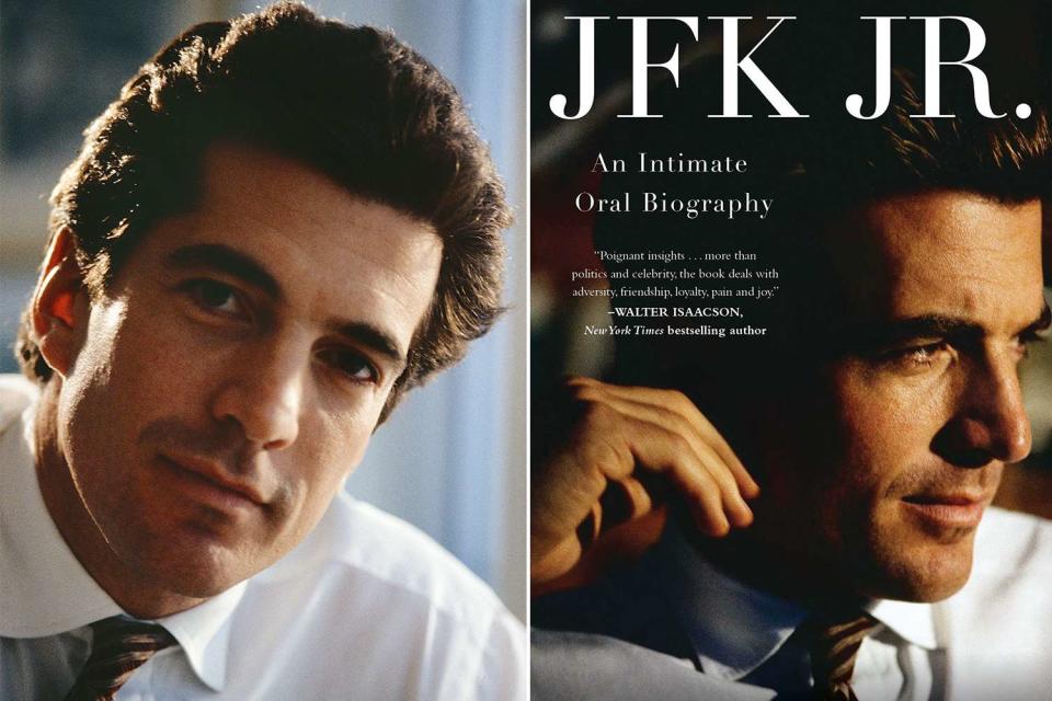 <p>Anne Marie Fox; Simon & Schuster</p> JFK Jr. in a portrait for George Magazine and the book cover for "JFK Jr.: An Intimate Oral Biography"