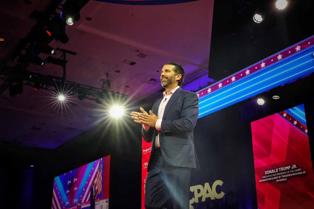 Donald Trump Jr. speaks at CPAC in Fort Washington, Md., on March 3, 2023. (Frank Thorp V / NBC News)
