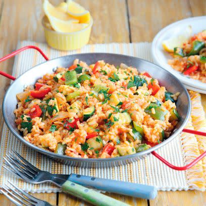 <p>Swap fresh ingredients for any bag of frozen veg you already have, add some paella rice and spices and you've got yourself a Spanish paella, vegetarian-style!</p><p><a class="link " href="https://www.redonline.co.uk/food/recipes/a502644/vegetarian-paella/" rel="nofollow noopener" target="_blank" data-ylk="slk:SEE FULL RECIPE HERE;elm:context_link;itc:0;sec:content-canvas">SEE FULL RECIPE HERE</a></p>