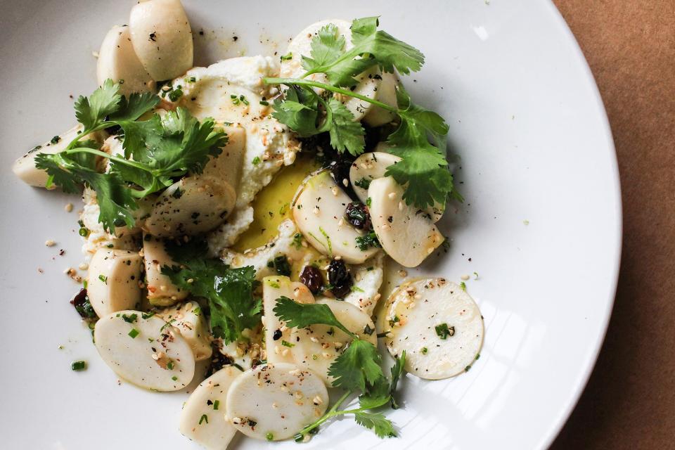 Turnips with Roasted Garlic Goat Cheese and Sesame