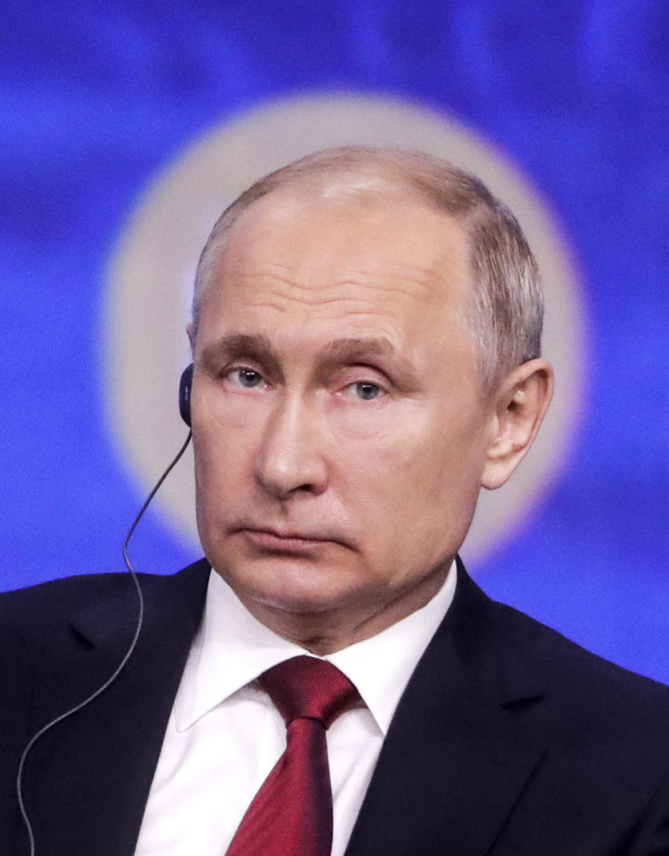 Russian President Vladimir Putin gestures as he addresses the St. Petersburg International Economic Forum in St. Petersburg, Russia, Friday, June 7, 2019. (VMikhail Metzel/TASS News Agency Pool Photo via AP)