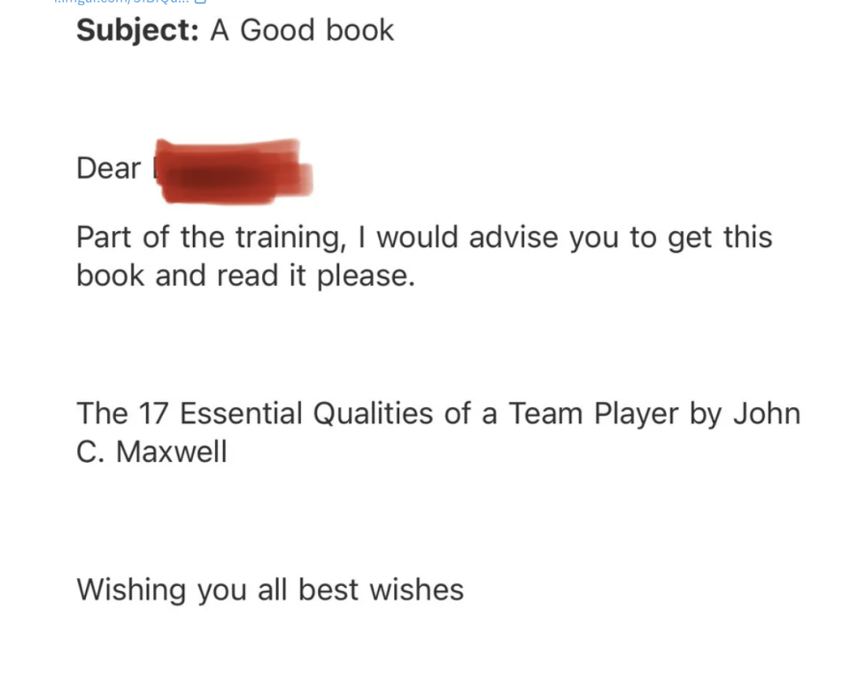 Screenshot of an email from a boss to their employees