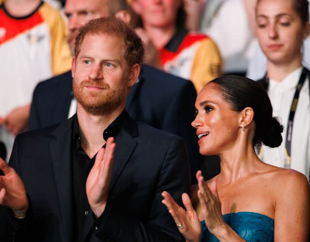 DUSSELDORF, GERMANY – SEPTEMBER 16: Prince Harry, Duke of Sussex and Meghan, Duchess of Sussex are seen during the closing ceremony of the Invictus Games Düsseldorf 2023 at Merkur Spiel-Arena on September 16, 2023 in Duesseldorf, Germany. (Photo by Joshua Sammer/Getty Images)