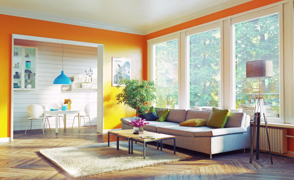 A living room with a couch, lamp, potted plant, coffee table, and rug