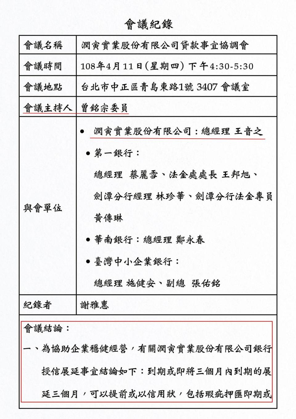 本刊取得該場協調會會議記錄，會議主持人是時任國民黨團書記長的立委曾銘宗，會議做成決議，同意潤寅貸款展延3個月。