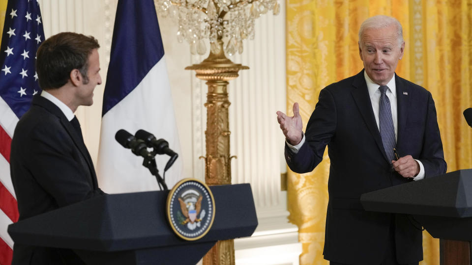 President Joe Biden speaks during a news conference with French President Emmanuel Macron in the East Room of the White House in Washington, Thursday, Dec. 1, 2022. (AP Photo/Susan Walsh)