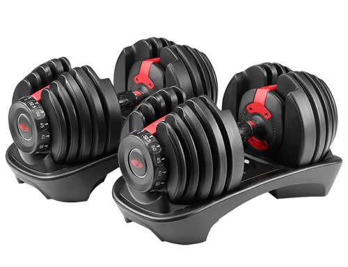 Bowflex SelectTech 552 Adjustable 5lb-52.5lb Dumbbells. Image via Best Buy.