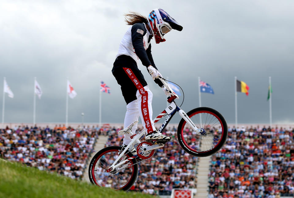 LONDON, ENGLAND - AUGUST 08: Alise Post of the United States during the Women's BMX Cycling on Day 12 of the London 2012 Olympic Games at BMX Track on August 8, 2012 in London, England. (Photo by Bryn Lennon/Getty Images)
