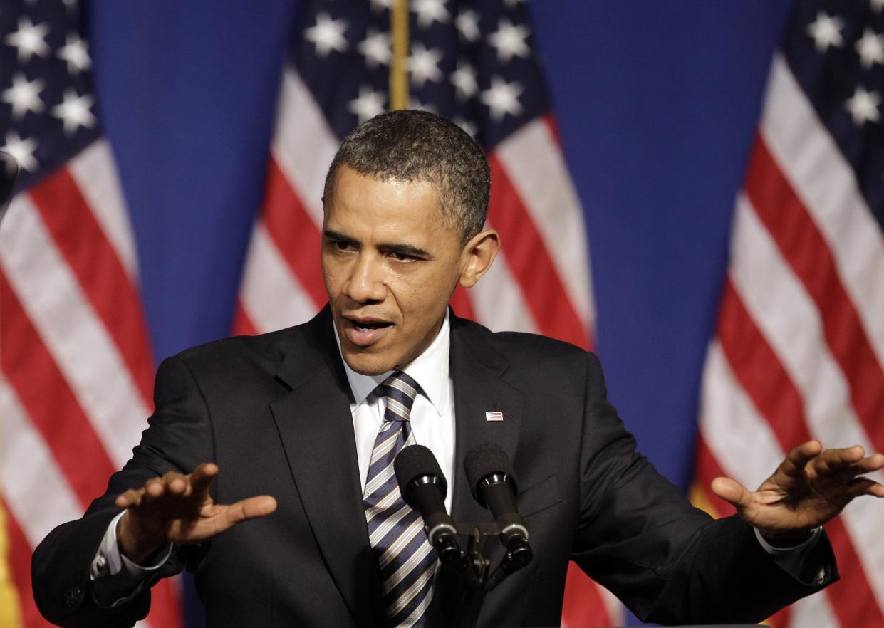 Former President Barack Obama gestures as he speaks at a Democratic Party fundraiser in 2011.