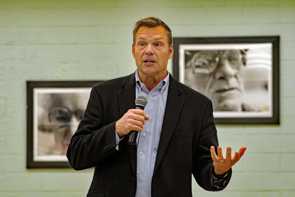 Republican gubernatorial candidate Kris Kobach meets with supporters at the Lyon County senior center and talks about the upcoming election, Emporia, Kansas, October 28, 2018. (Mark Reinstein/Corbis via Getty Images)