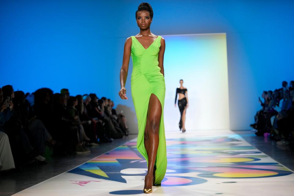 The Sergio Hudson collection is modeled during Fashion Week, Saturday, Feb. 11, 2023, in New York. (AP Photo/Mary Altaffer) ORG XMIT: NYMA105