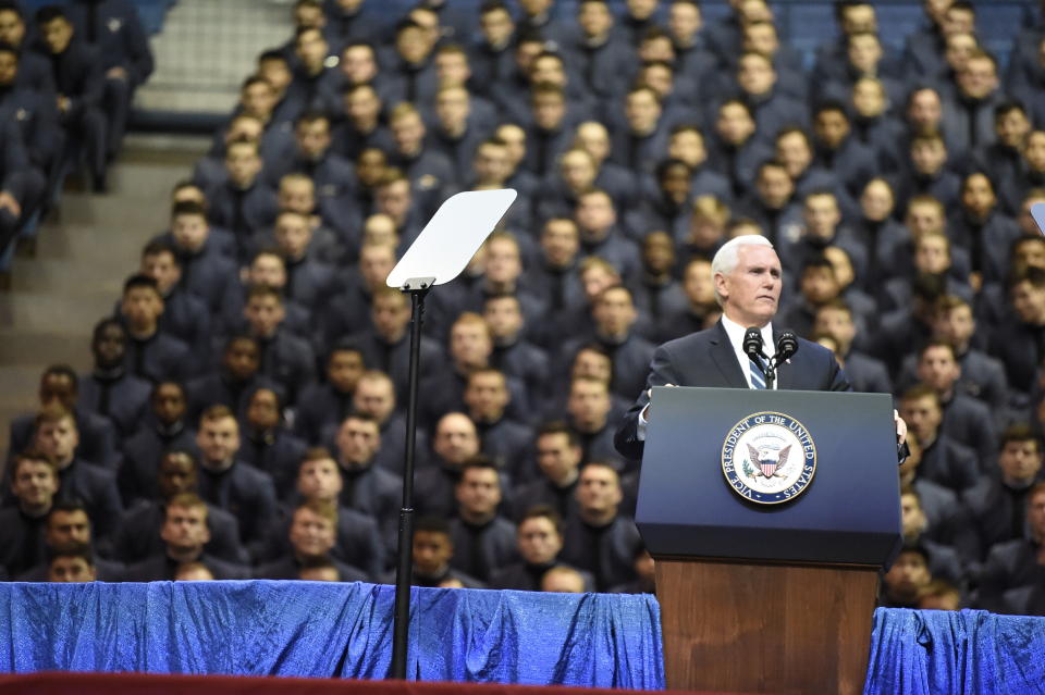 Vice President Mike Pence speaks to the Corps of Cadets at The Citadel on Thursday, Feb. 13, 2020, in Charleston, S.C. (AP Photo/Meg Kinnard).