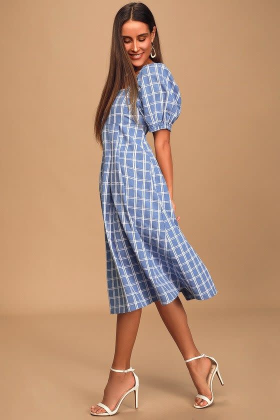 1) Blue Plaid Midi Dress