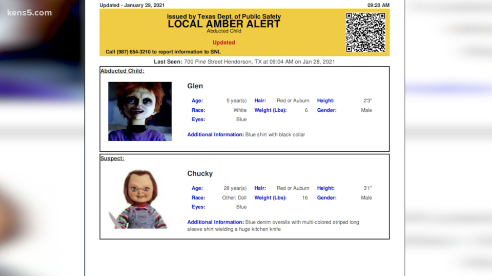 An AMBER alert was sent out by accident, it featured Child Play's Chucky, the doll, and his son, Glen, who was "abducted". Source: KENS 5