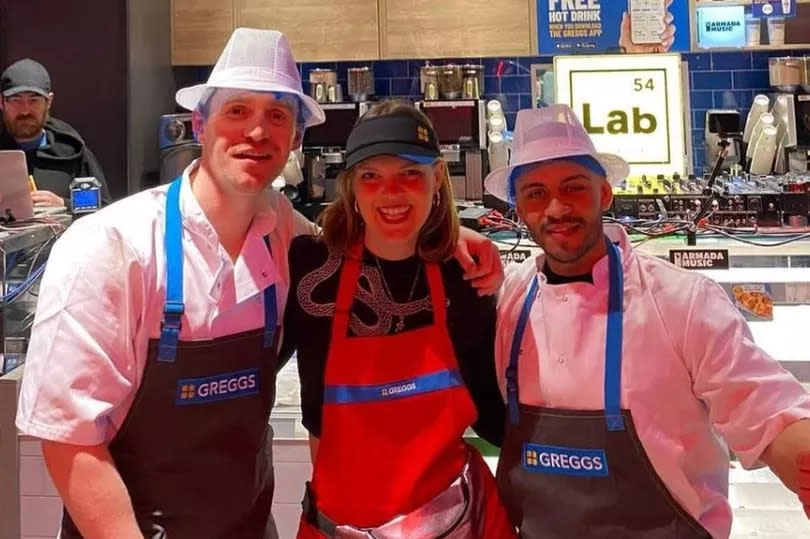 Will Atkinson, Abi Flynn and Schak inside the Greggs rave in Newcastle