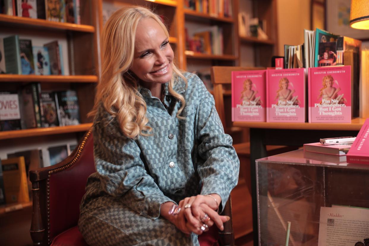 Kristin Chenoweth is interviewed before a book signing for her new book inside Full Circle Bookstore in Oklahoma City, Monday, March 6, 2023.