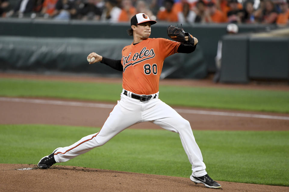 Baltimore Orioles starting pitcher Spenser Watkins delivers to a Tampa Bay Rays batter during the first inning of a baseball game Saturday, Aug. 7, 2021, in Baltimore. (AP Photo/Will Newton)