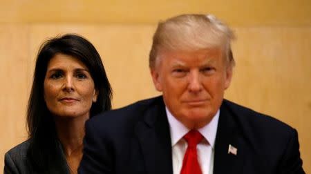 U.S. Ambassador to the UN Nikki Haley (L) and U.S. President Donald Trump participate in a session on reforming the United Nations at UN Headquarters in New York, U.S., September 18, 2017. REUTERS/Kevin Lamarque/Files