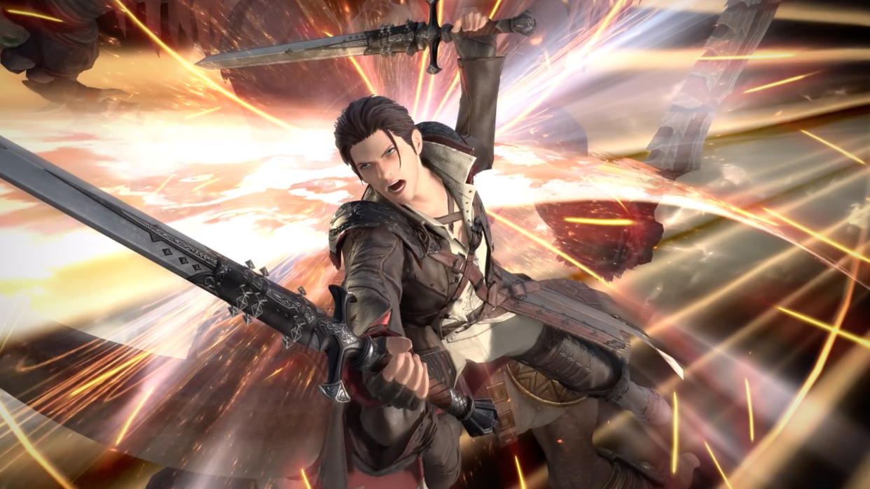  Screenshot from Final Fantasy 14's new graphics update, showing a character in an action pose. . 