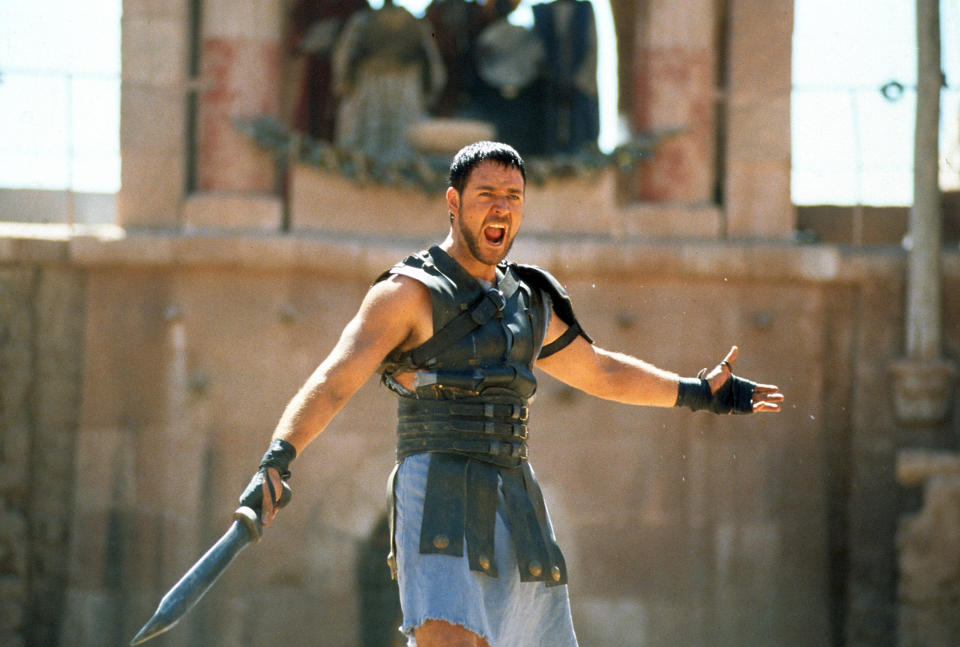 Russell Crowe with sword in a scene from the film 'Gladiator', 2000. (Photo by Universal/Getty Images)