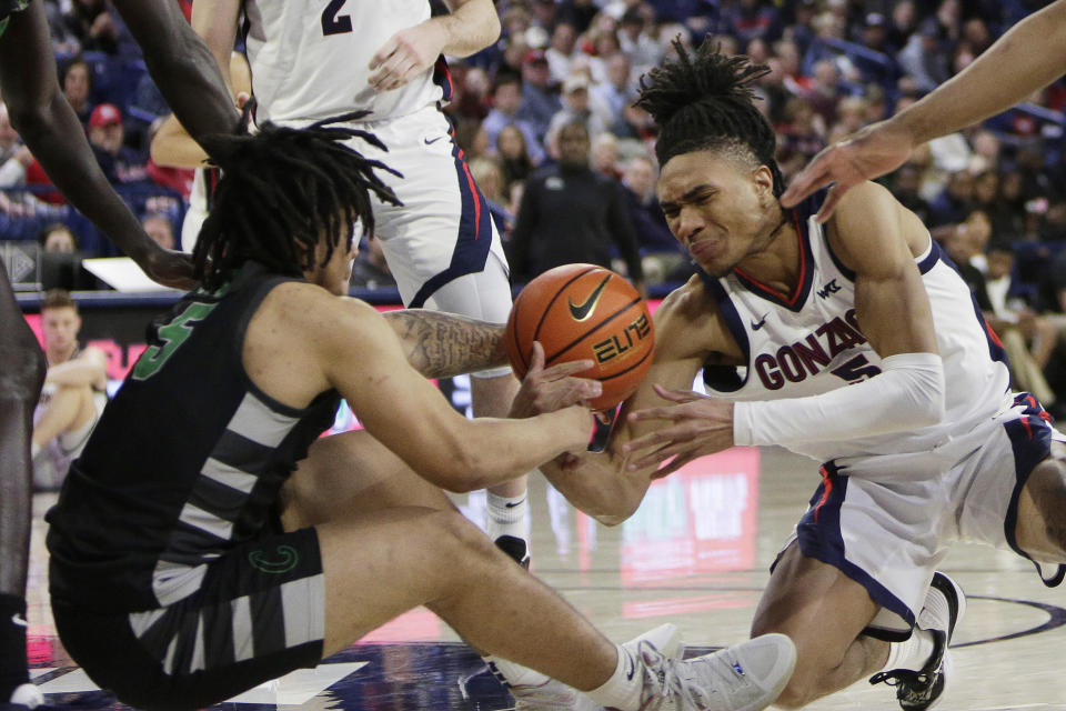 Gonzaga guard Hunter Sallis, right, loses the ball while defended by Chicago State guard Kedrick Green during the second half of an NCAA college basketball game, Wednesday, March 1, 2023, in Spokane, Wash. Gonzaga won 104-65. (AP Photo/Young Kwak)