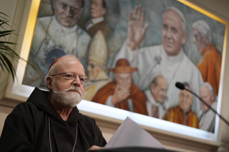 Boston Cardinal Seán Patrick O'Malley, head of the Pontifical Commission for the Protection of Minors, attends a press conference at The Vatican, Friday, April 29, 2022, after meeting with Pope Francis. Pope Francis called Friday for Catholic bishops conferences to create special centers to welcome victims of clergy sexual abuse to help them find healing and justice, as he warned that the faithful would continue losing trust in the hierarchy without more transparency and accountability. (AP Photo/Andrew Medichini)