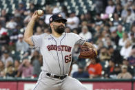 Houston Astros starting pitcher Jose Urquidy delivers during the first inning of the team's baseball game against the Chicago White Sox on Monday, Aug. 15, 2022, in Chicago. (AP Photo/Charles Rex Arbogast)