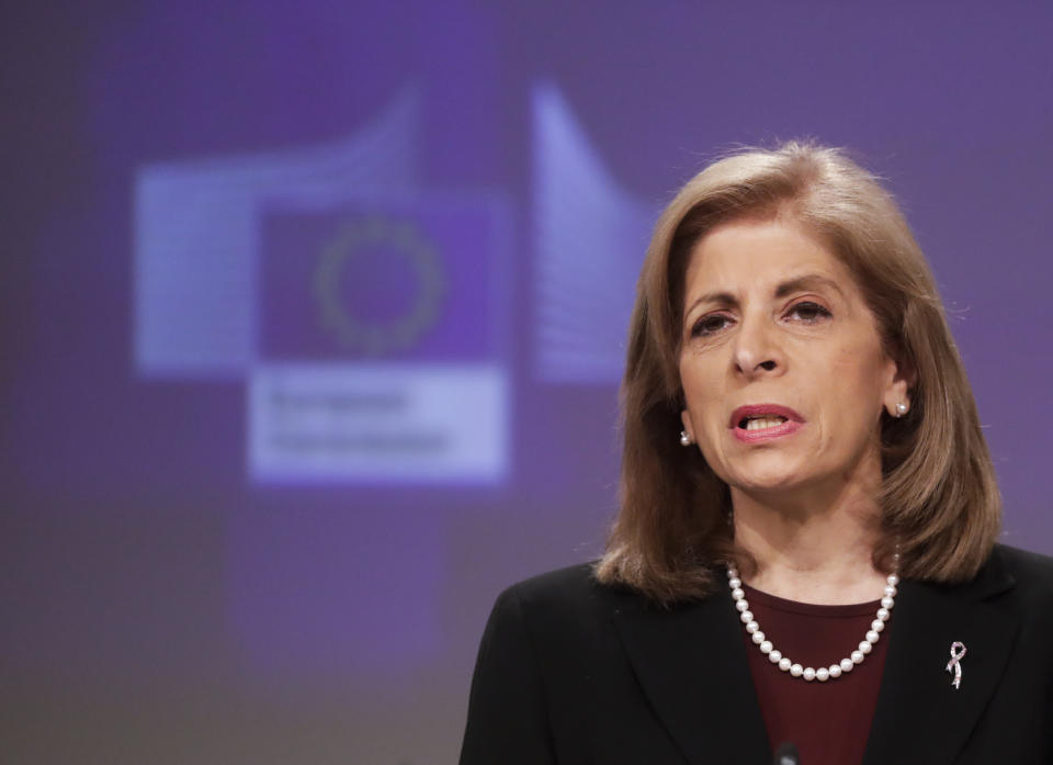 European Commissioner in charge of Health Stella Kyriakides speaks during an online press conference on AstraZeneca at European Commission headquarters in Brussels, Wednesday, Jan. 27, 2021. (Olivier Hoslet/Pool Photo via AP)