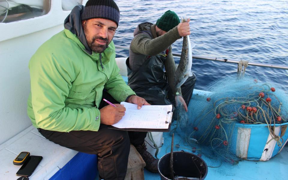 Marine scientist Demetris Kletou monitoring a catch on board a fishing boat off Cyprus - Demetris Kletou