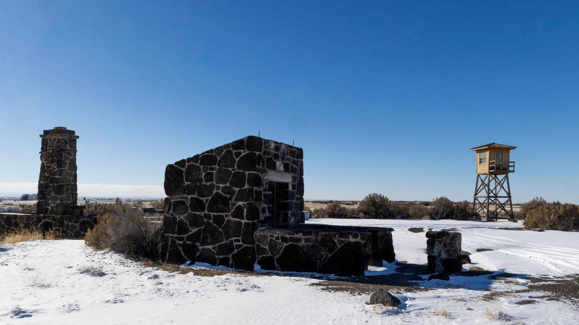 Few original structures remain at the Minidoka National Historic Site in Jerome. The most prominent of those are the basalt foundation of the security gate and reception building, and a nearby guard tower.