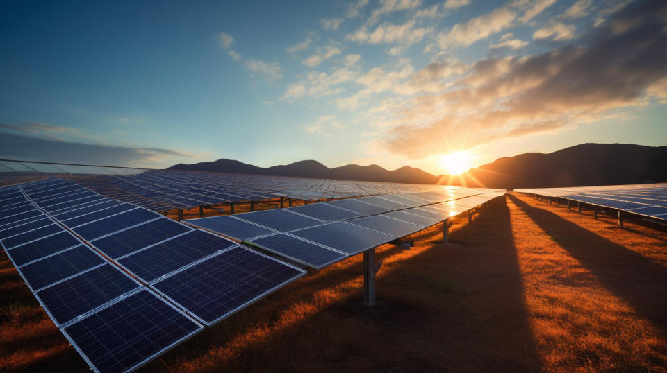 A fleet of solar power plants under the dazzling sun, shooting off a burst of light.